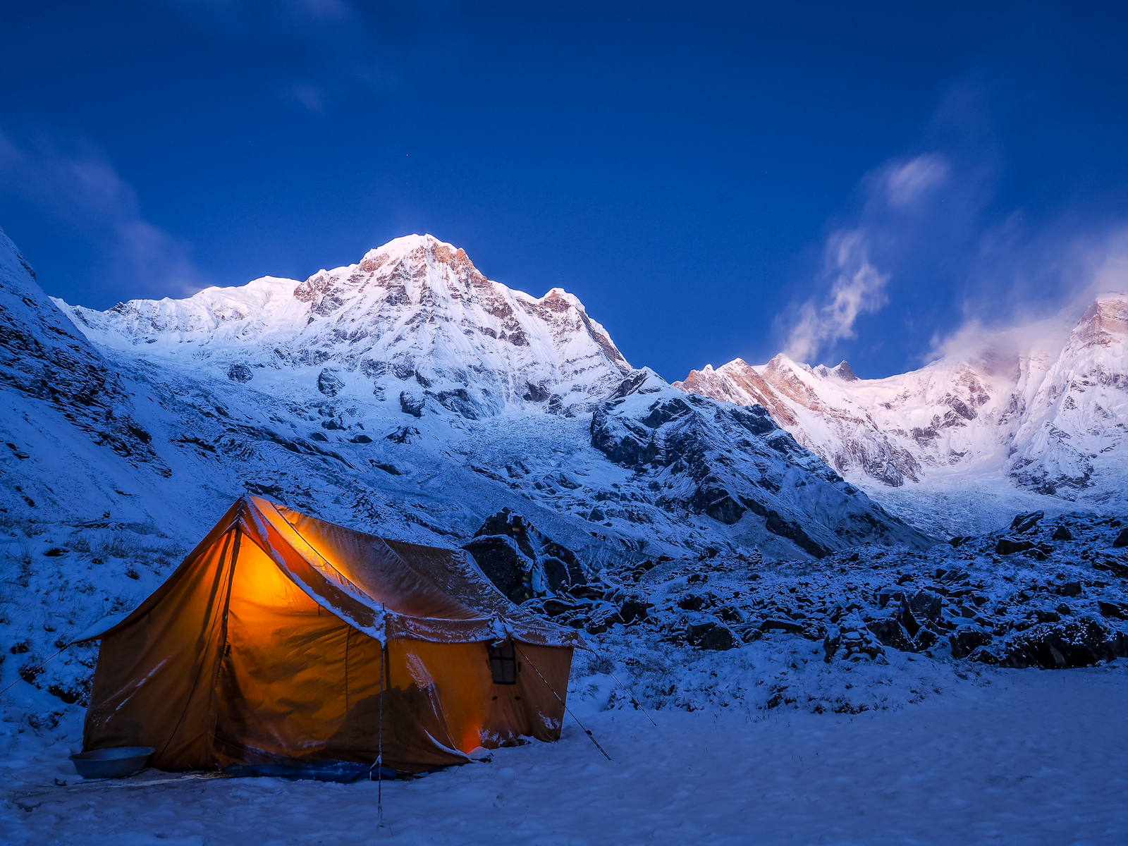Tent in the mountains on a winter night with bright moon, Annapu